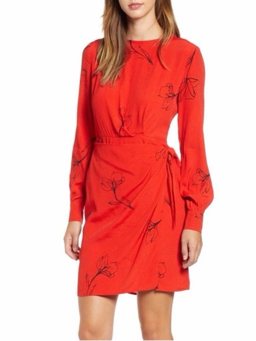 Astr Red Floral Long-Sleeve Tie-Waist Dress Size L